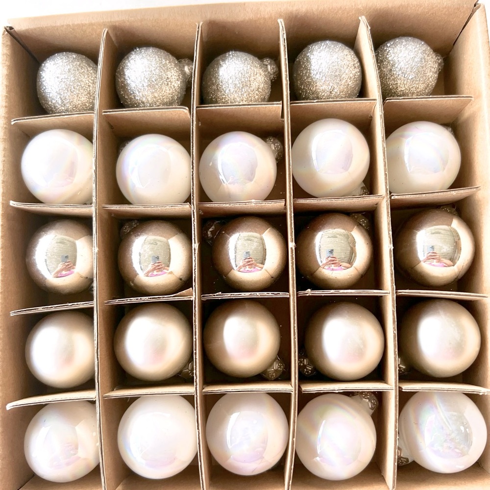 25 Mini Glass Xmas Ball Ornaments Silver Shiny Matte Glitter Opalescent